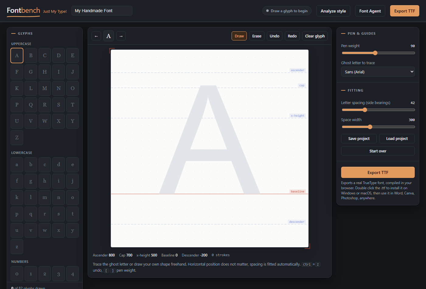 The Fontbench drawing bench, with the glyph set, drafting guides and pen controls